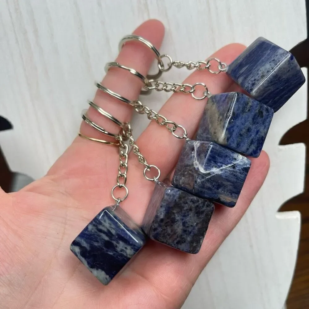 Lapis Lazuli cube keychain key ring pendant chain NEW hand crafted